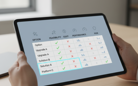 Decision matrix scoring VE ideas for feasibility, cost, performance, and risk during the Evaluation Phase.