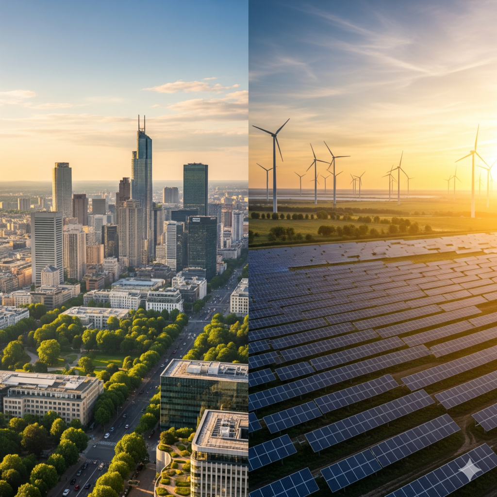 A landscape showcasing diverse renewable energy sources including solar panels and wind turbines representing the global energy transition.