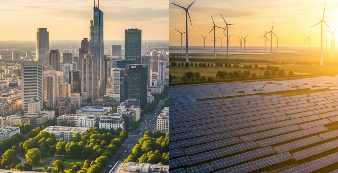 A landscape showcasing diverse renewable energy sources including solar panels and wind turbines representing the global energy transition.