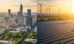 A landscape showcasing diverse renewable energy sources including solar panels and wind turbines representing the global energy transition.