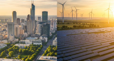 A landscape showcasing diverse renewable energy sources including solar panels and wind turbines representing the global energy transition.