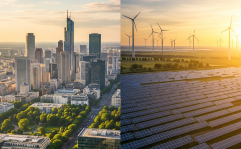 A landscape showcasing diverse renewable energy sources including solar panels and wind turbines representing the global energy transition.