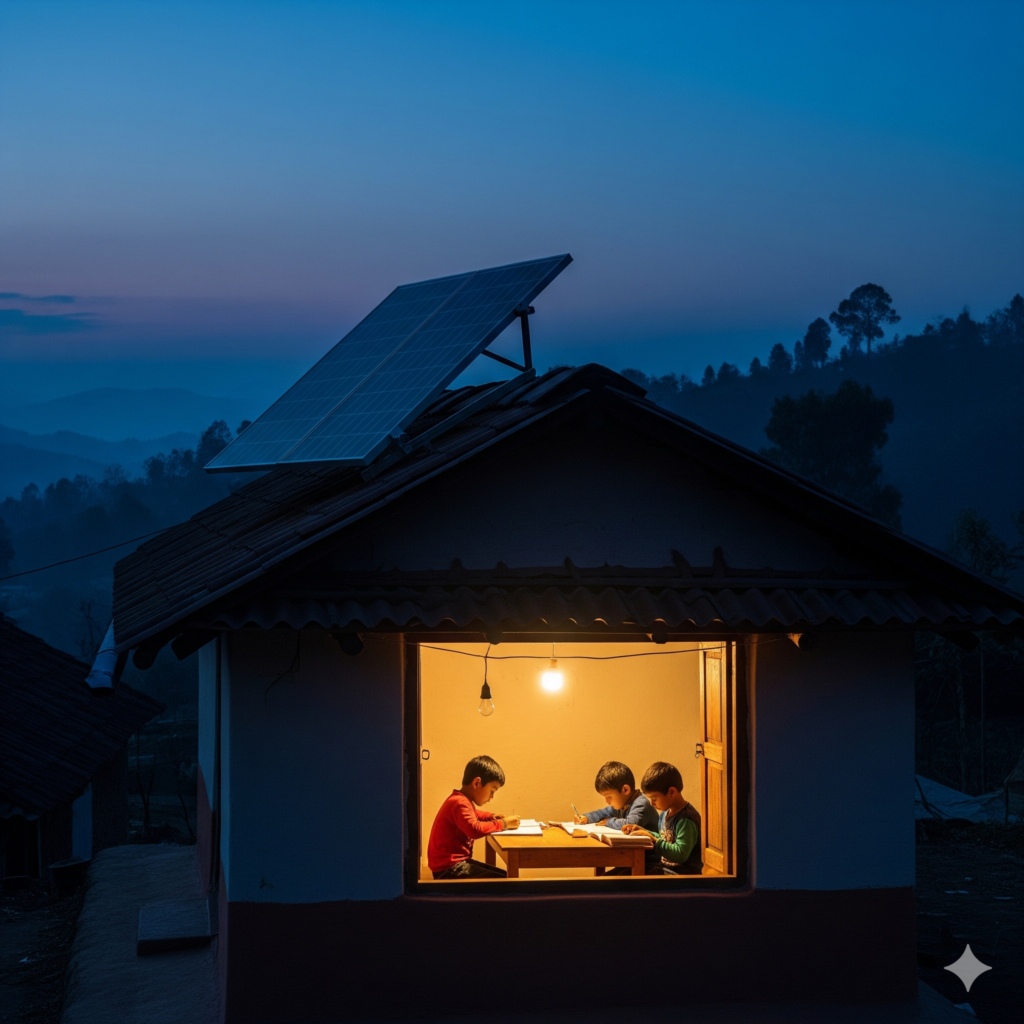 Rural home in a developing country powered by off-grid solar energy system.