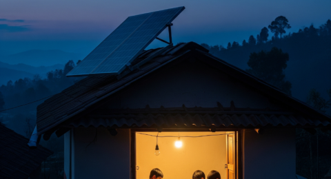 Rural home in a developing country powered by off-grid solar energy system.