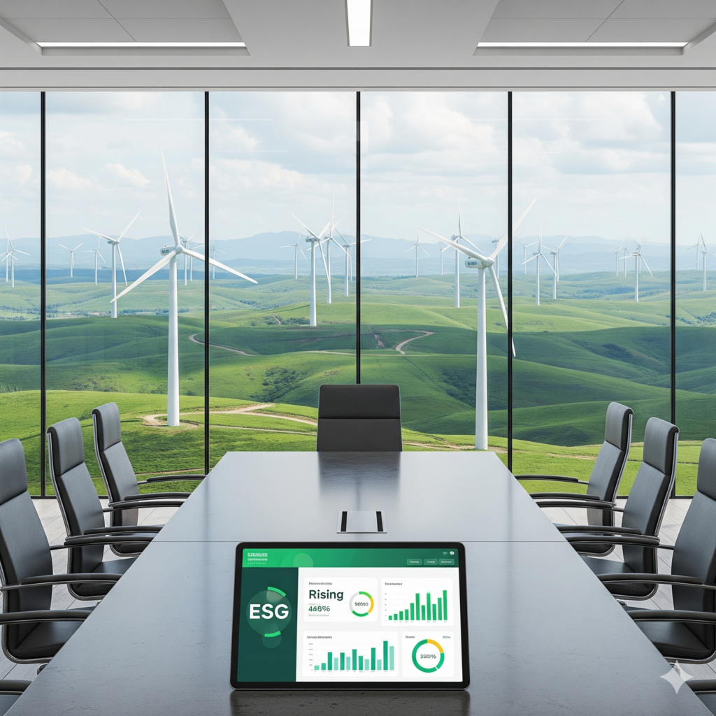 Corporate boardroom overlooking a renewable energy wind farm, representing sustainable business strategy