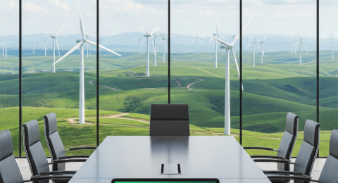 Corporate boardroom overlooking a renewable energy wind farm, representing sustainable business strategy