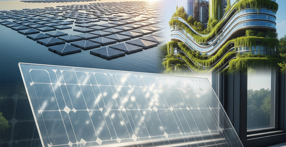 Futuristic renewable energy landscape featuring hydrogen plants and floating solar arrays.