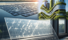 Futuristic renewable energy landscape featuring hydrogen plants and floating solar arrays.