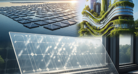 Futuristic renewable energy landscape featuring hydrogen plants and floating solar arrays.