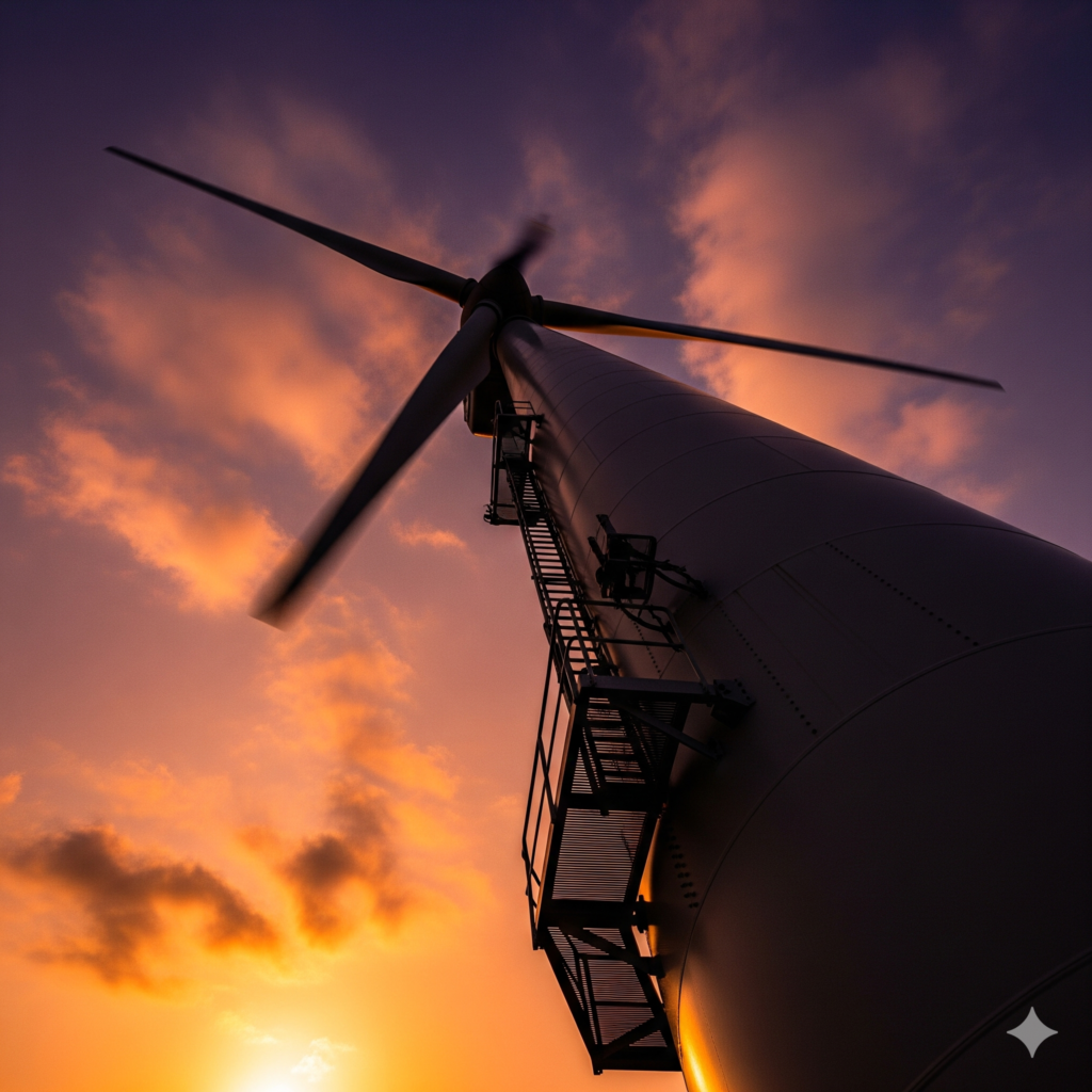 Looking up at a utility-scale wind turbine rotor, illustrating wind energy aerodynamics