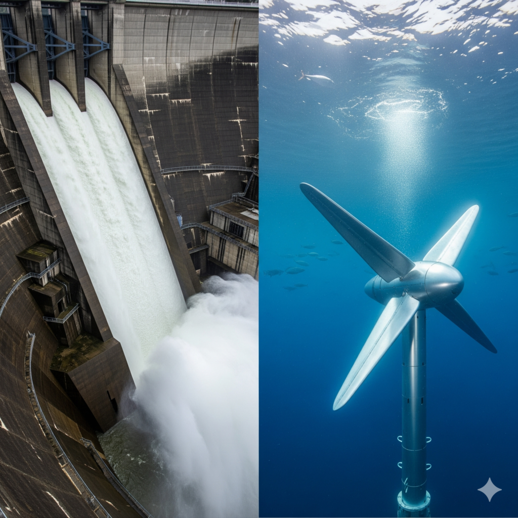 Contrast between traditional hydropower dam and modern marine tidal energy turbine.