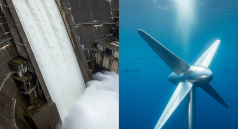 Contrast between traditional hydropower dam and modern marine tidal energy turbine.