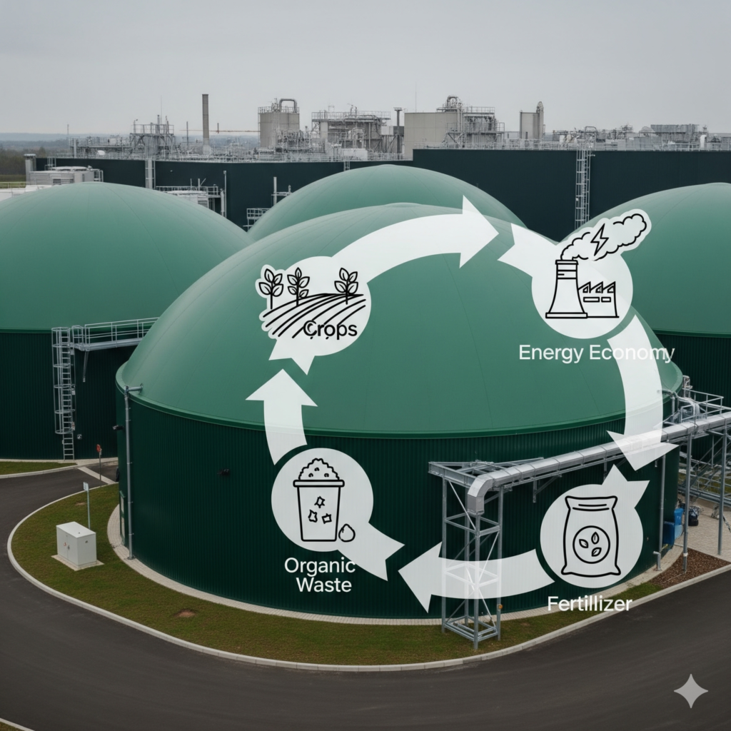 Anaerobic digestion plant converting biomass waste into renewable bioenergy.