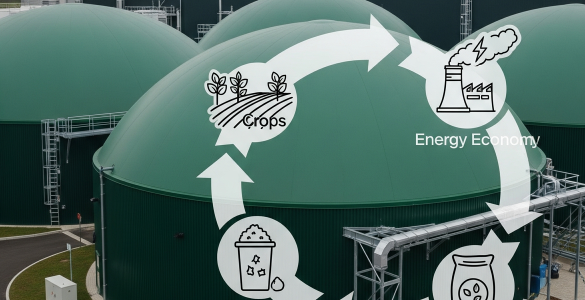 Anaerobic digestion plant converting biomass waste into renewable bioenergy.
