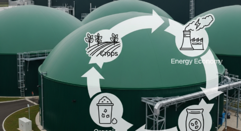 Anaerobic digestion plant converting biomass waste into renewable bioenergy.