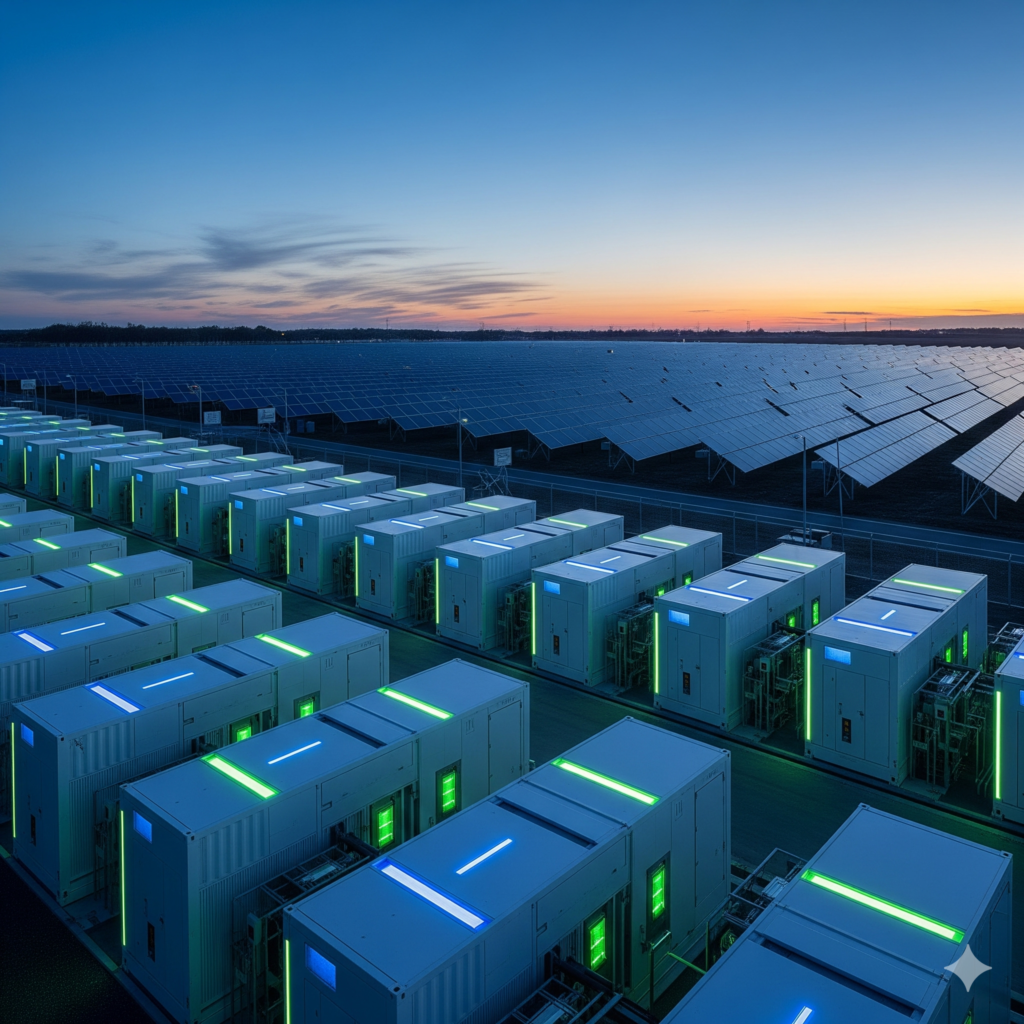 Grid-scale lithium-ion battery energy storage system (BESS) integrated with a solar farm.