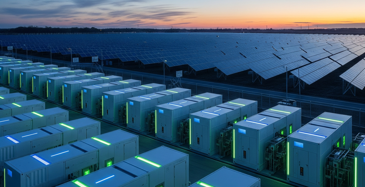 Grid-scale lithium-ion battery energy storage system (BESS) integrated with a solar farm.
