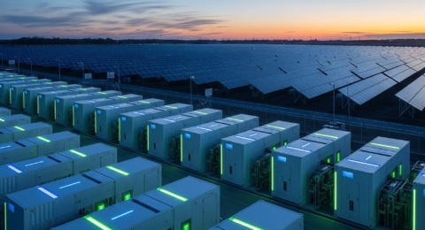 Grid-scale lithium-ion battery energy storage system (BESS) integrated with a solar farm.
