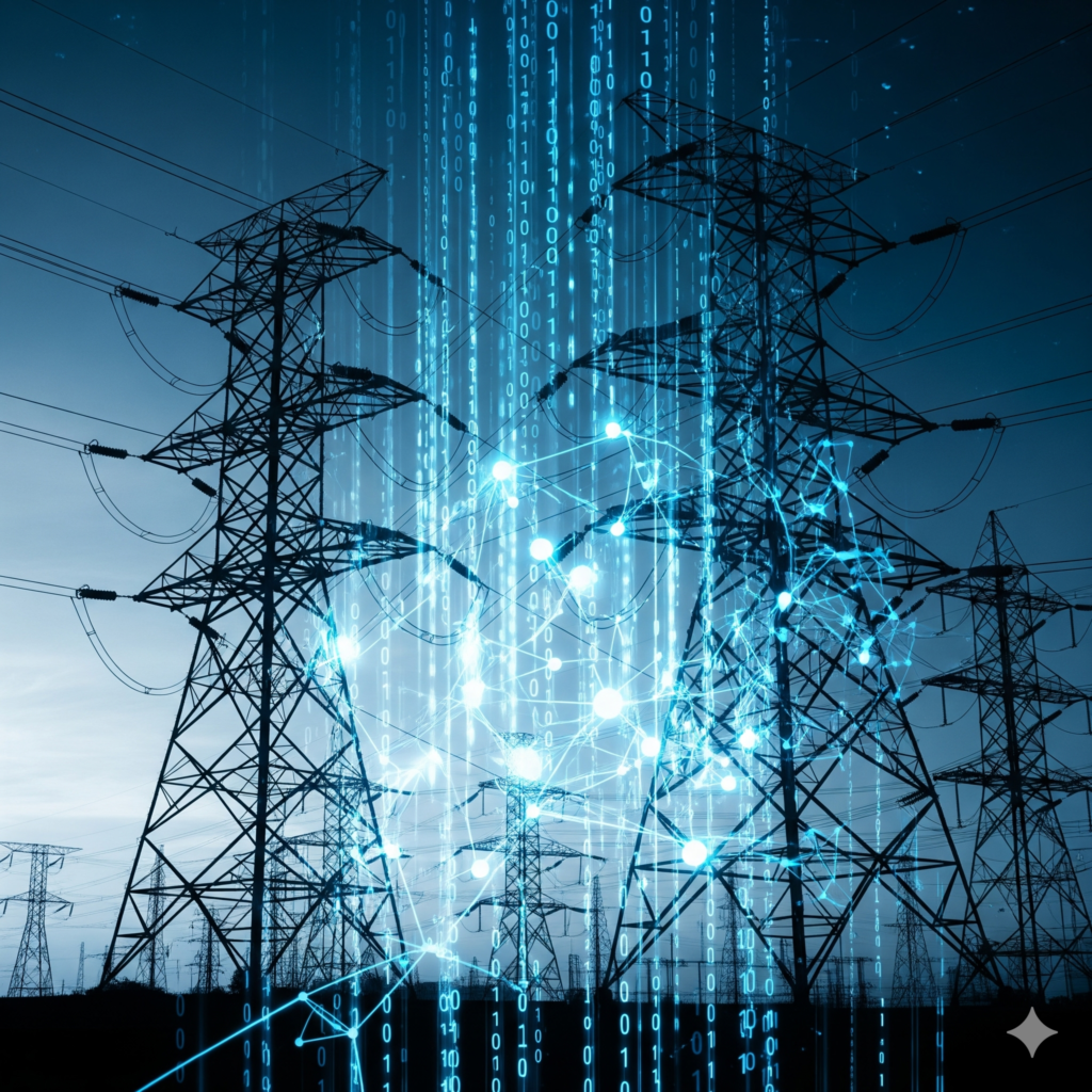 Digital representation of a Smart Grid network with IoT data overlays.