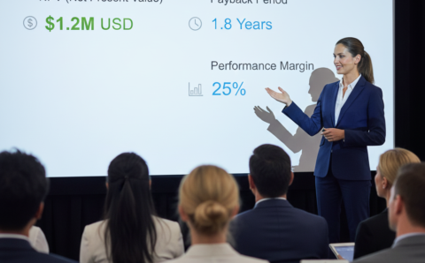 Presenter communicating VE recommendations with value metrics to secure stakeholder approval