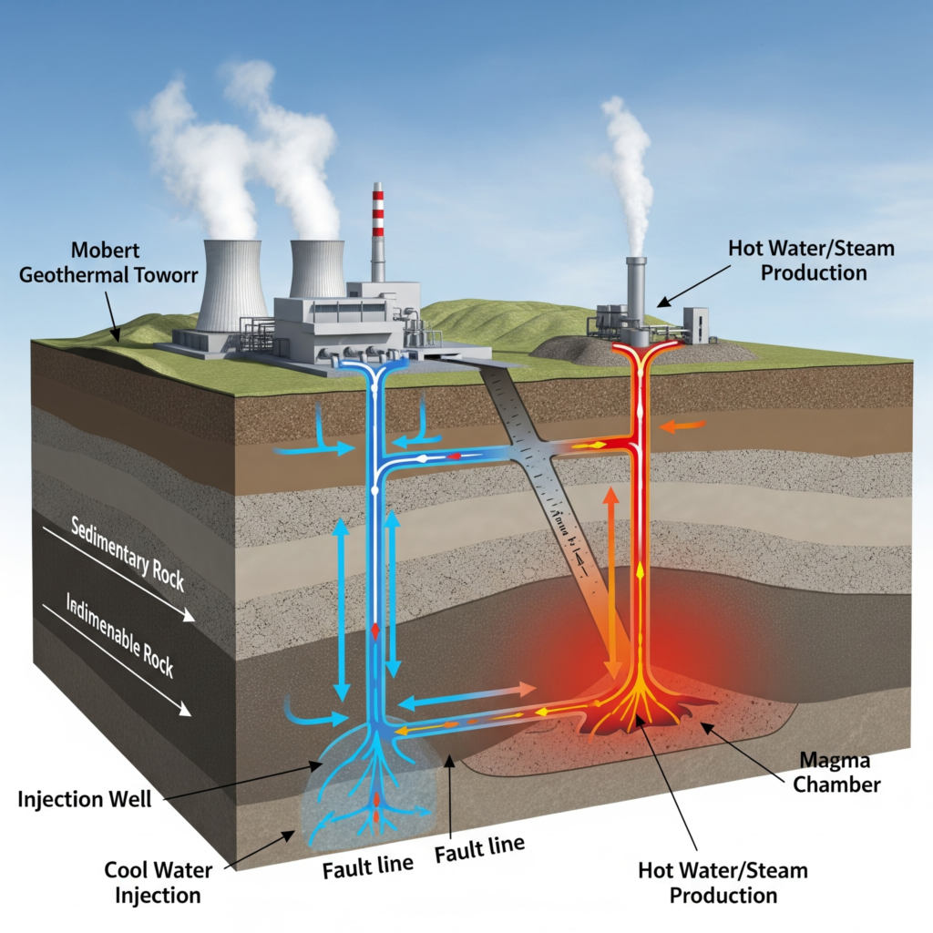 Diagram of a geothermal power plant cycle extracting heat from the earth.