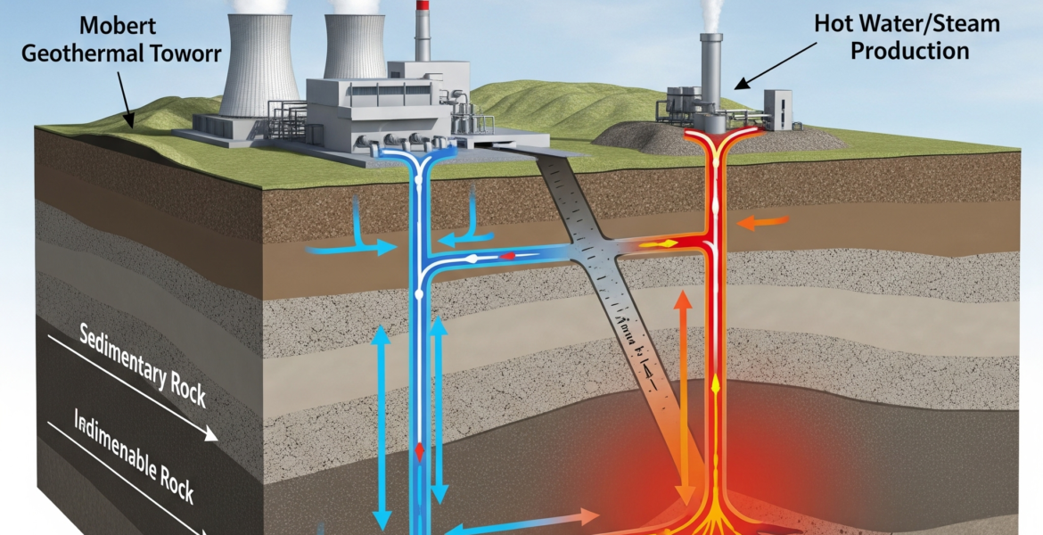 Diagram of a geothermal power plant cycle extracting heat from the earth.