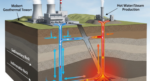 Diagram of a geothermal power plant cycle extracting heat from the earth.