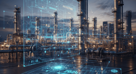 [A futuristic 3D visualization of a refinery with AI agent nodes and digital twin overlays in 2026]