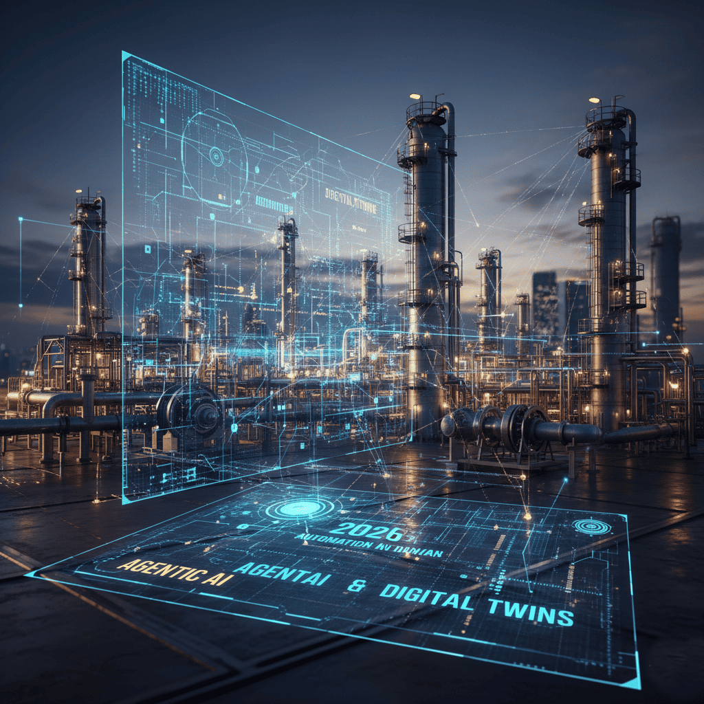 [A futuristic 3D visualization of a refinery with AI agent nodes and digital twin overlays in 2026]